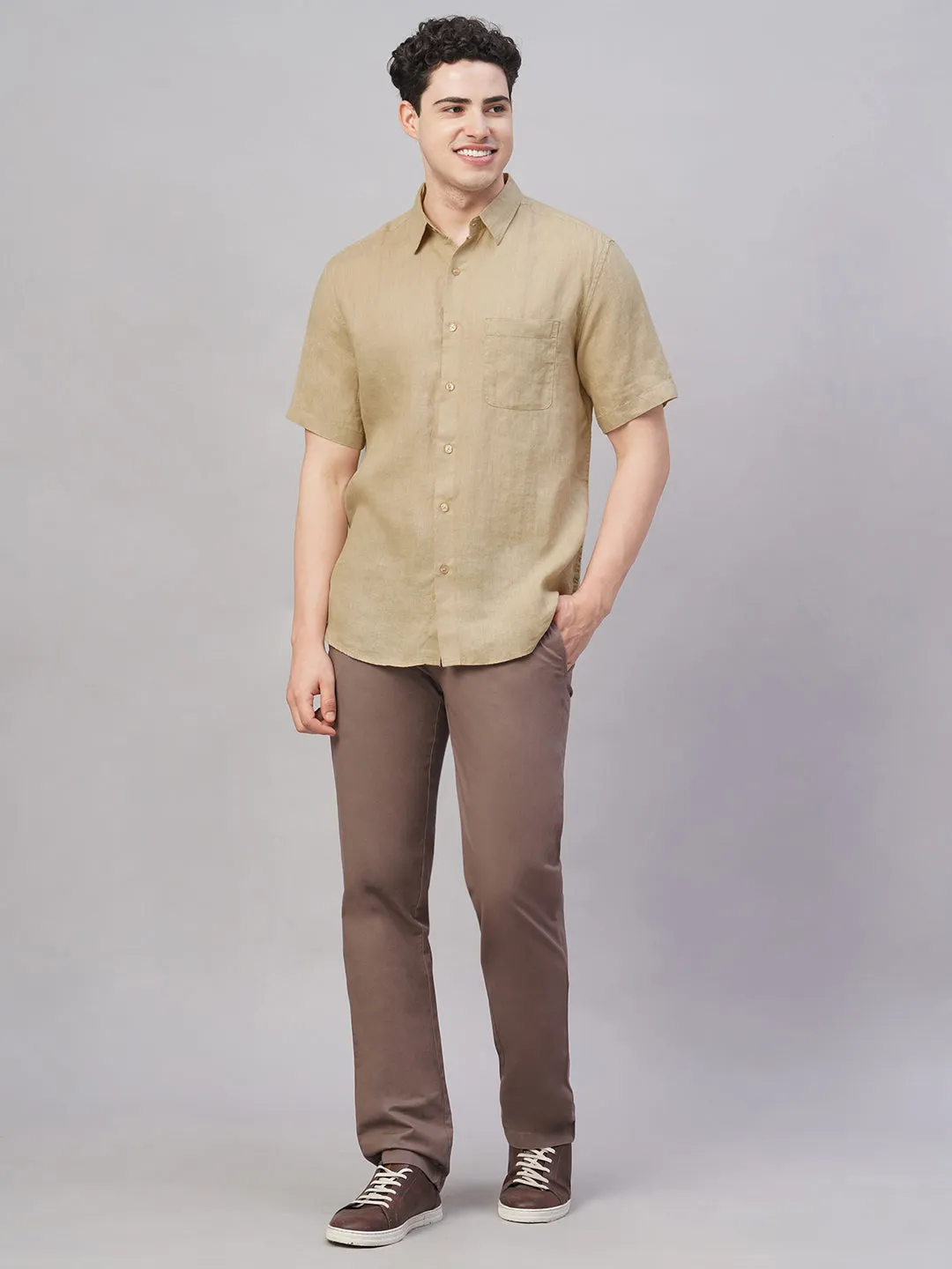 Men's Khaki 100% Linen Regular Fit Shirt