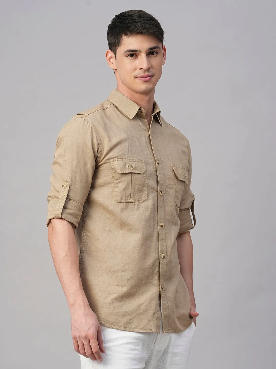 Men's Khaki Linen Cotton Regular Fit Shirt