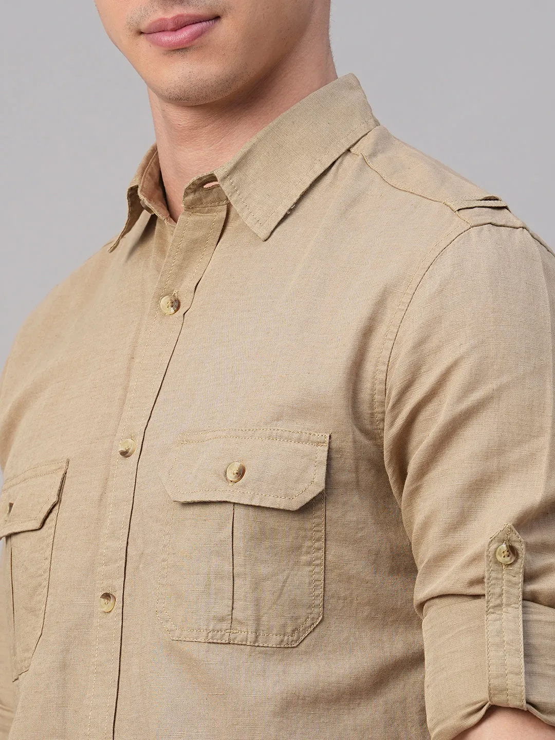 Men's Khaki Linen Cotton Regular Fit Shirt