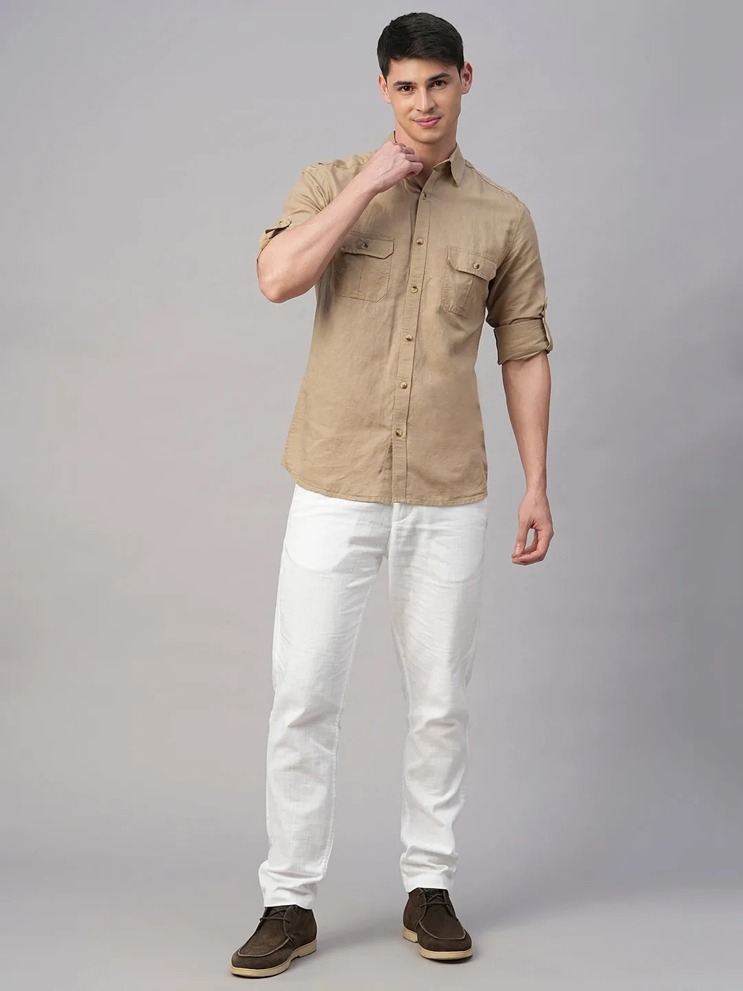 Men's Khaki Linen Cotton Regular Fit Shirt