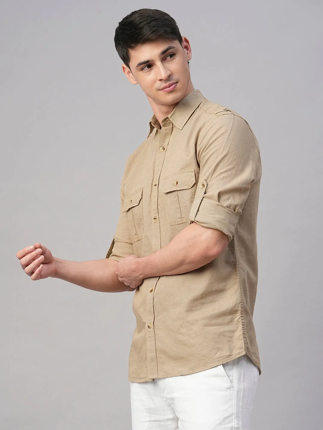 Men's Khaki Linen Cotton Regular Fit Shirt