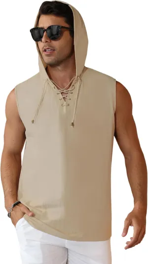 Men's Linen Tank Tops Sleeveless Shirts Lace Up Beach Summer Yoga Top Hippie Renaissance Pirate Tunic with Hood