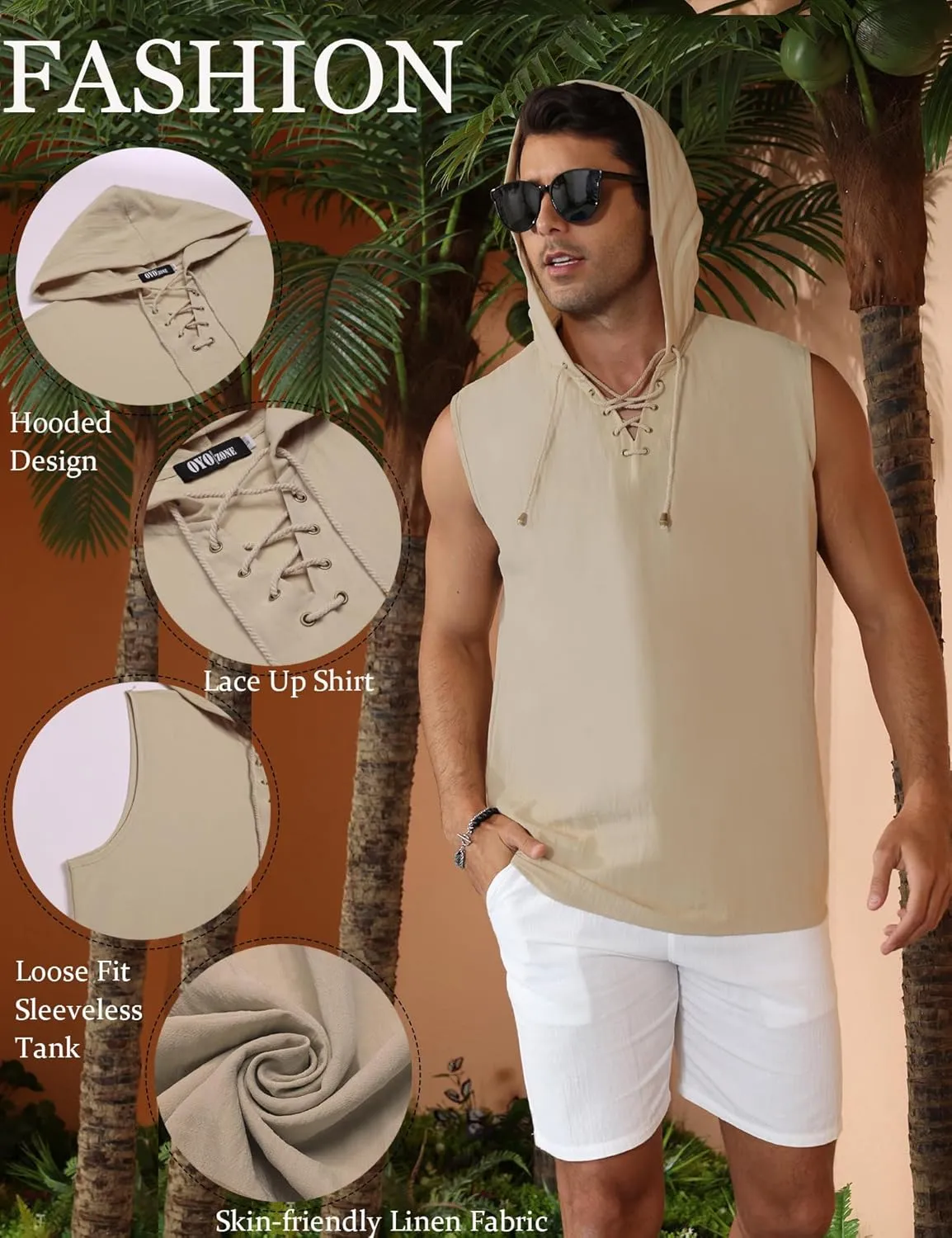 Men's Linen Tank Tops Sleeveless Shirts Lace Up Beach Summer Yoga Top Hippie Renaissance Pirate Tunic with Hood