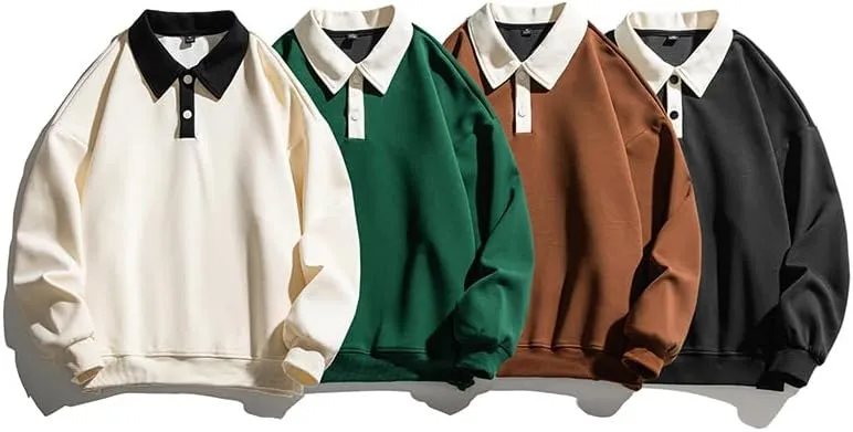 Men's Long Sleeve Polo Shirts Y2k Trendy Casual Collared Pullover Loose Fit Japanese Basic Lightweight Clothes