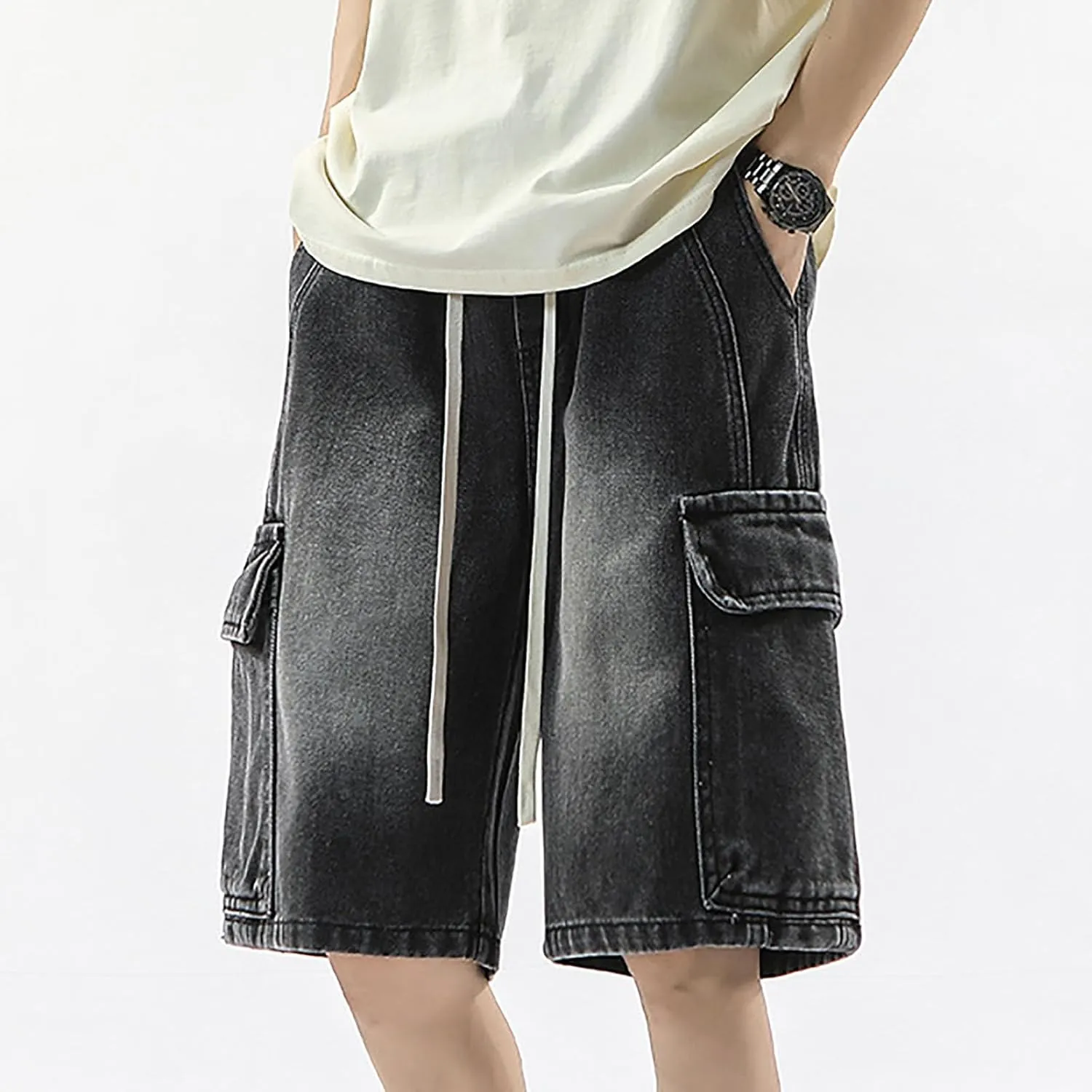 Mens Loose Denim Shorts Baggy Summer Casual Wide Leg Mid Jean Jorts Hip Hop Shorts with Pockets Streetwear