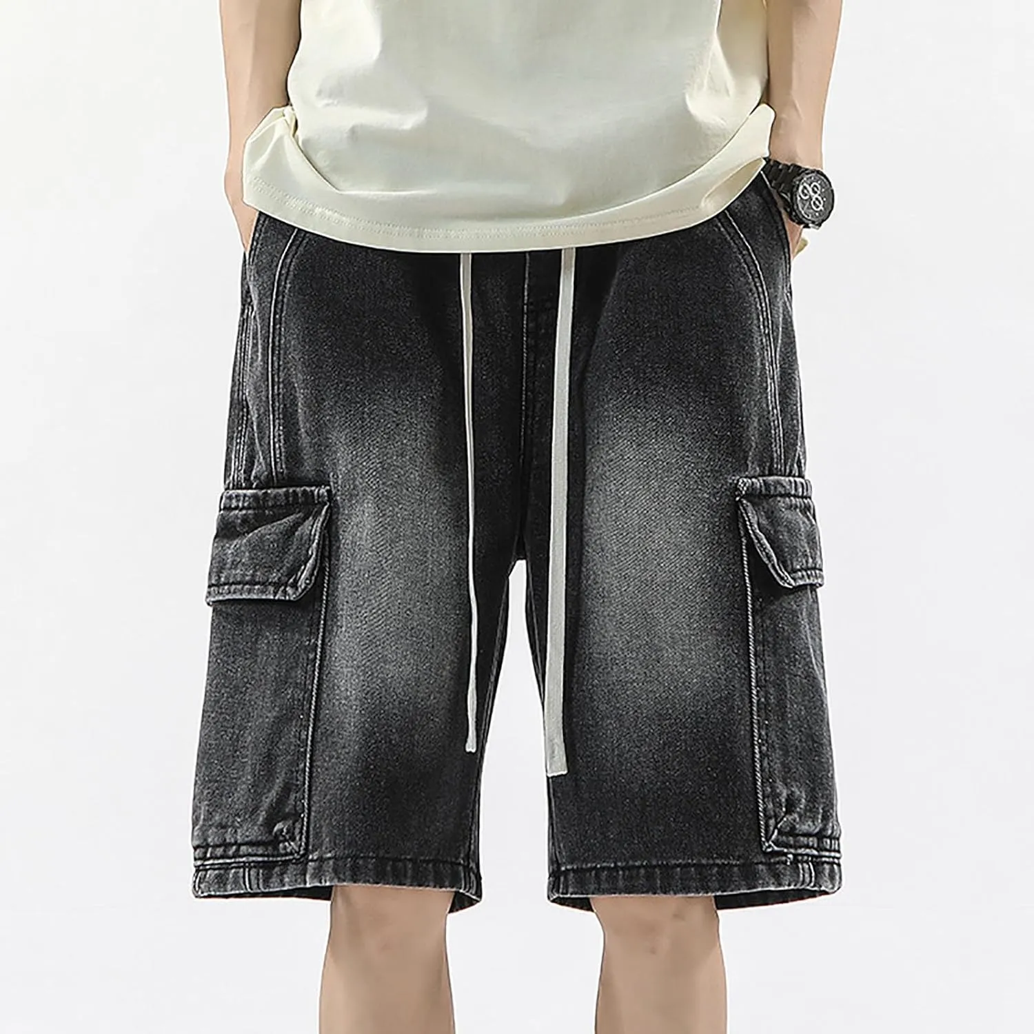 Mens Loose Denim Shorts Baggy Summer Casual Wide Leg Mid Jean Jorts Hip Hop Shorts with Pockets Streetwear