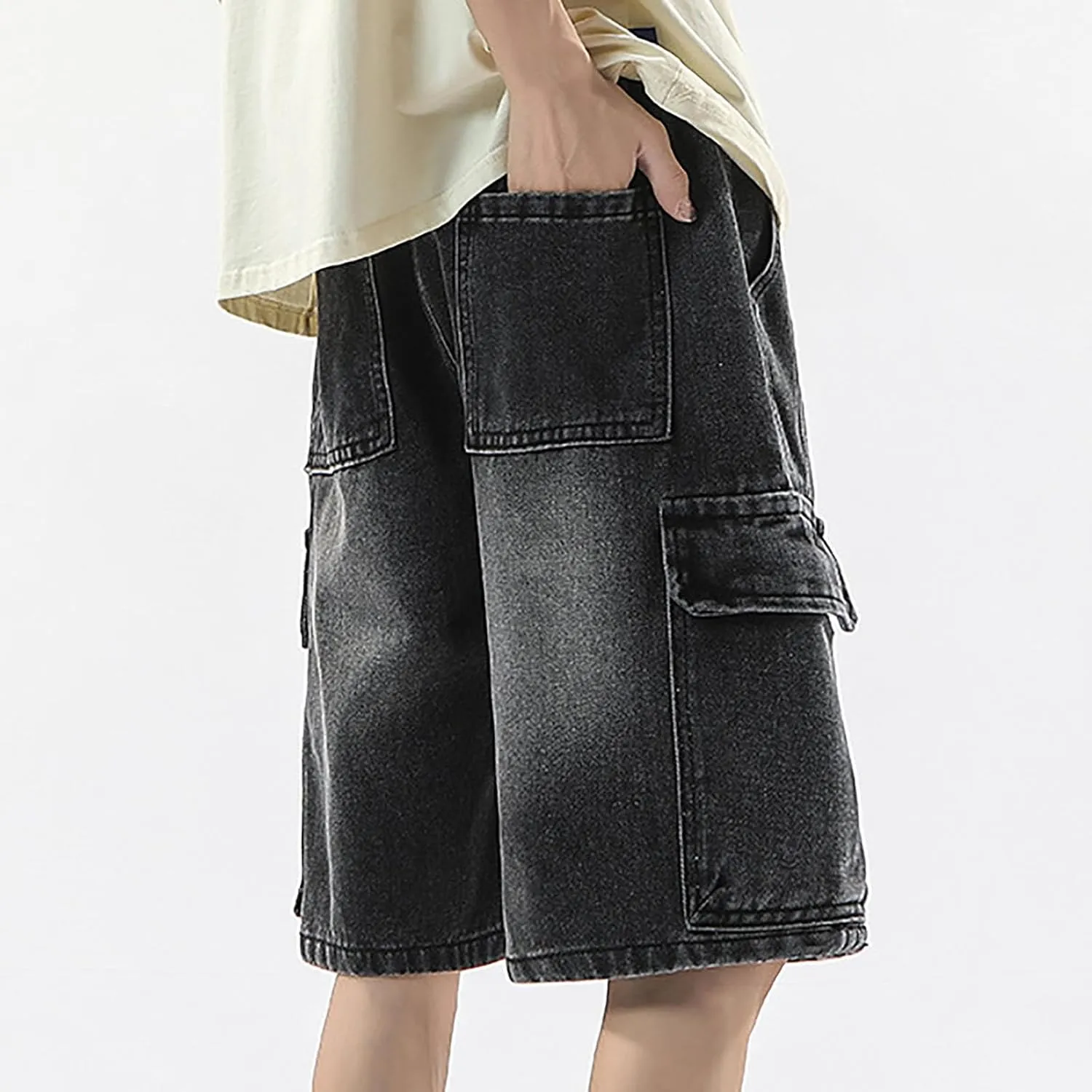 Mens Loose Denim Shorts Baggy Summer Casual Wide Leg Mid Jean Jorts Hip Hop Shorts with Pockets Streetwear
