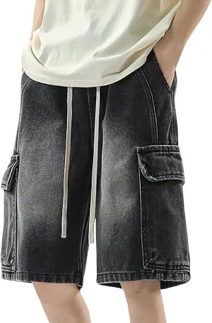 Mens Loose Denim Shorts Baggy Summer Casual Wide Leg Mid Jean Jorts Hip Hop Shorts with Pockets Streetwear