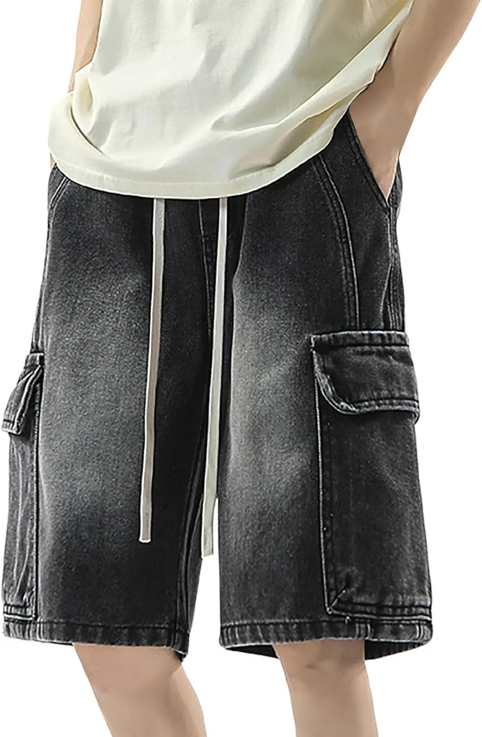 Mens Loose Denim Shorts Baggy Summer Casual Wide Leg Mid Jean Jorts Hip Hop Shorts with Pockets Streetwear