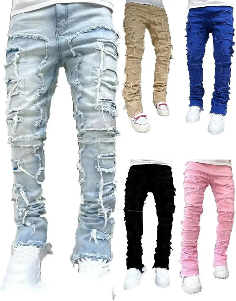 Men's Street Hot Style Elastic Patch Denim Straight-Leg Pants Retro Denim Trousers