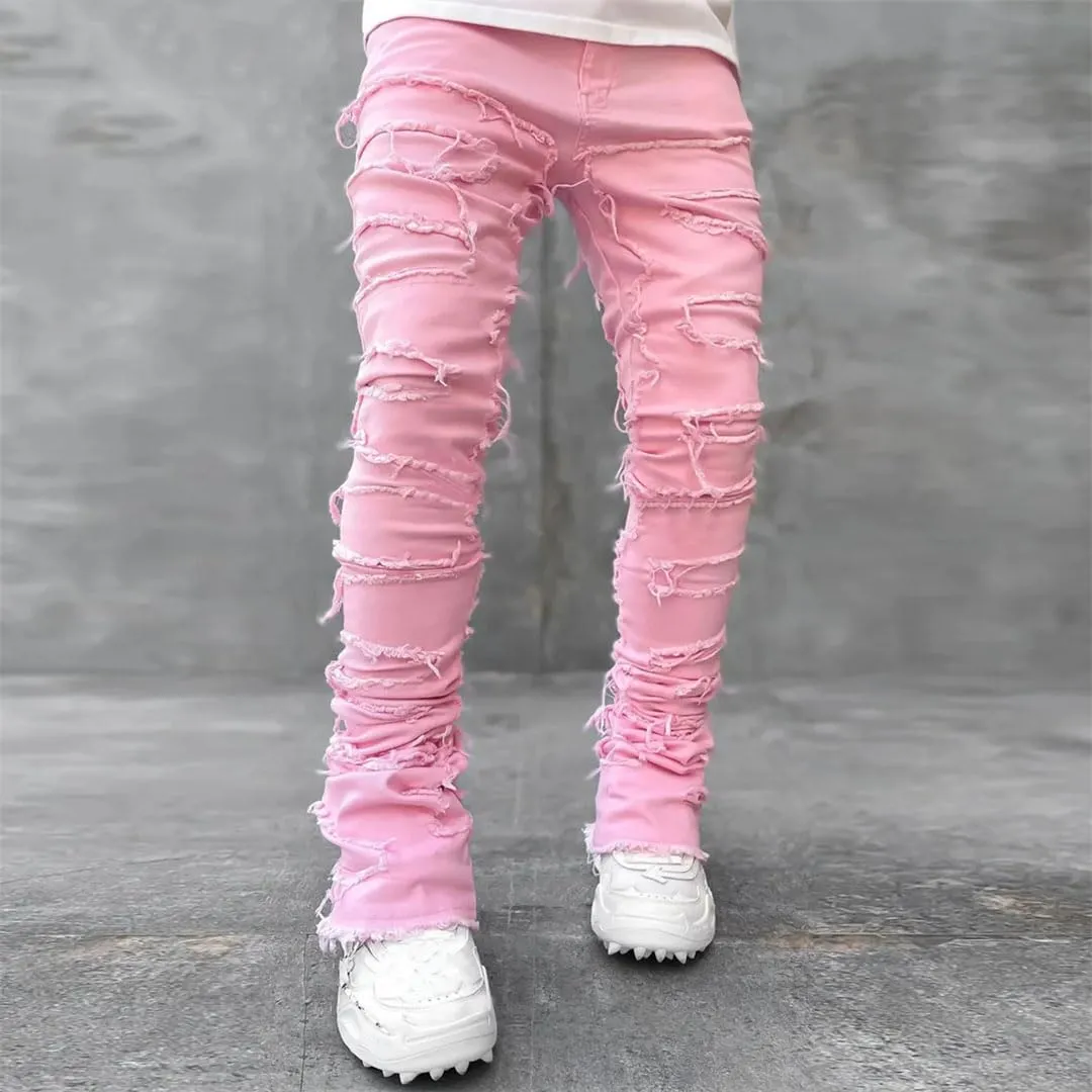 Men's Street Hot Style Elastic Patch Denim Straight-Leg Pants Retro Denim Trousers