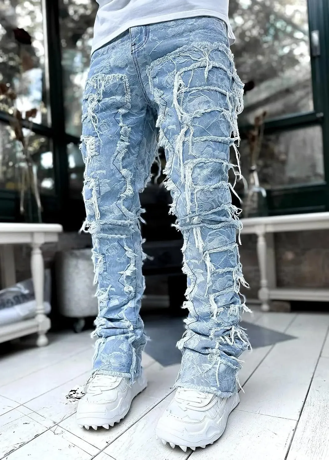 Men's Street Hot Style Elastic Patch Denim Straight-Leg Pants Retro Denim Trousers