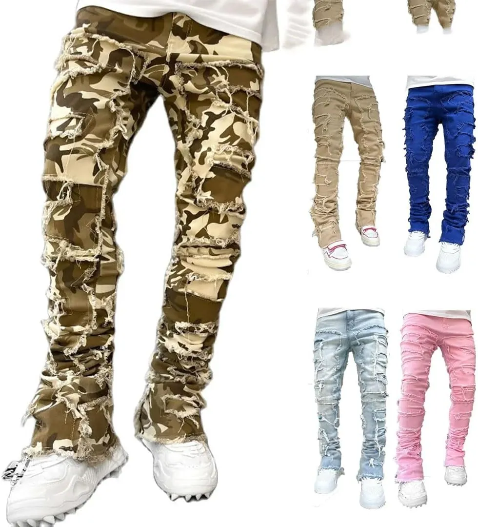 Men's Street Hot Style Elastic Patch Denim Straight-Leg Pants Retro Denim Trousers