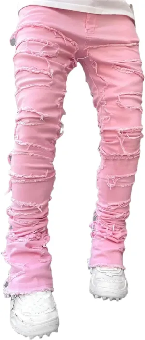 Men's Street Hot Style Elastic Patch Denim Straight-Leg Pants Retro Denim Trousers