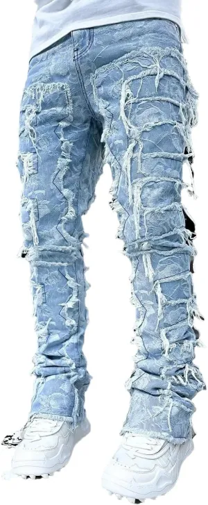Men's Street Hot Style Elastic Patch Denim Straight-Leg Pants Retro Denim Trousers