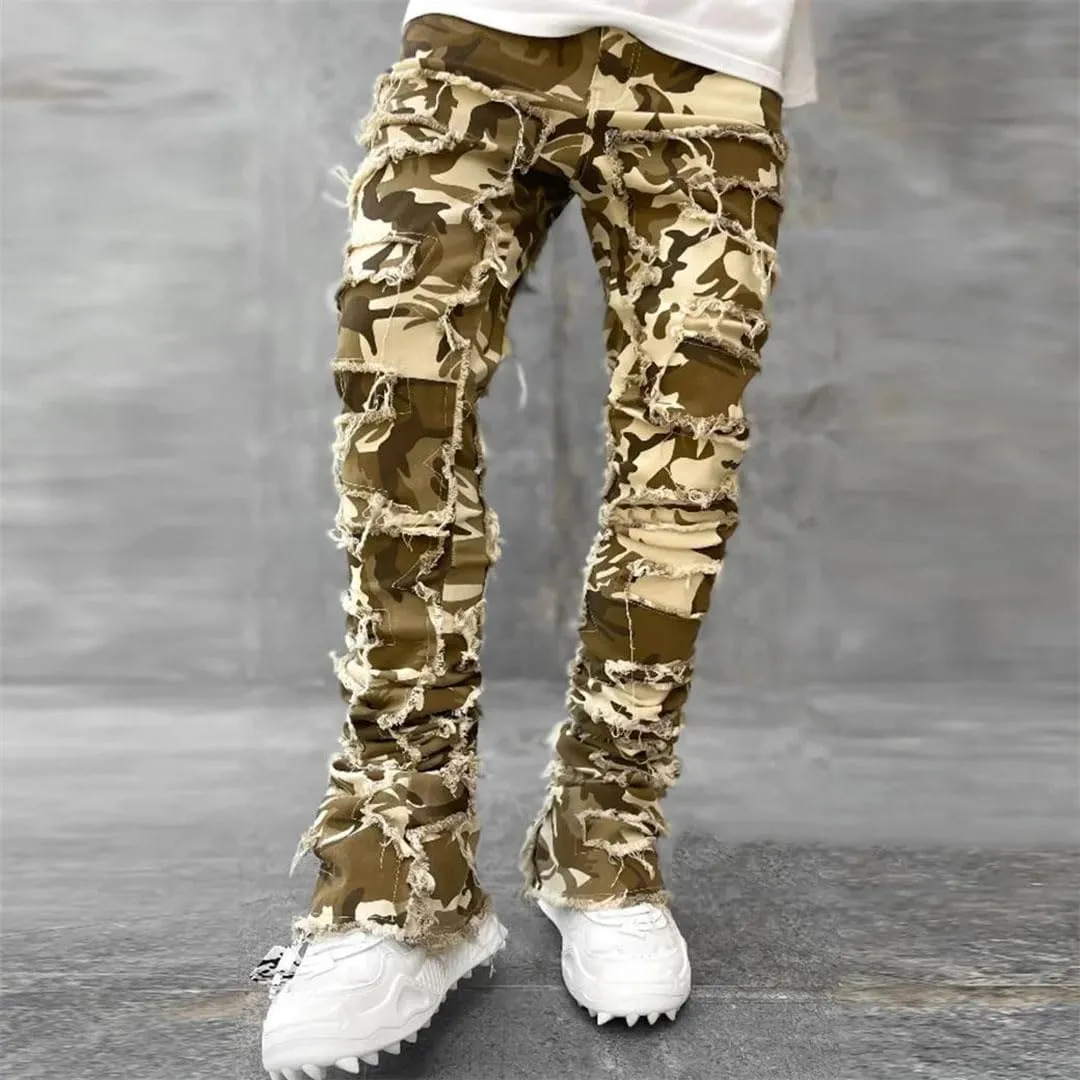 Men's Street Hot Style Elastic Patch Denim Straight-Leg Pants Retro Denim Trousers