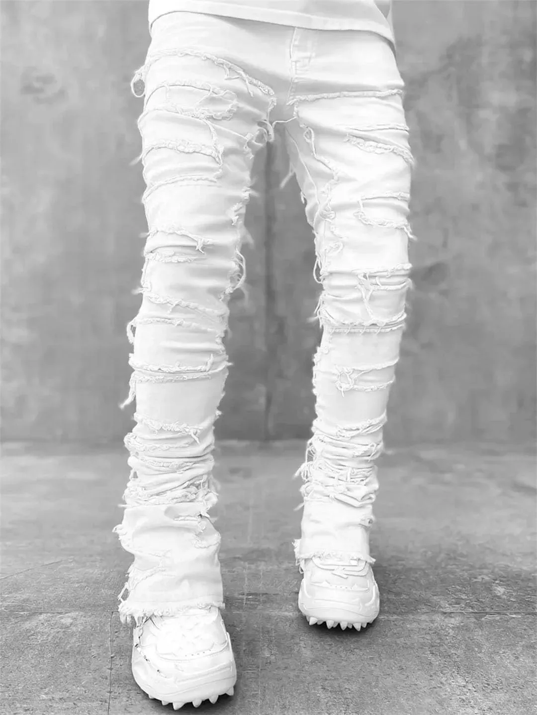 Men's Street Hot Style Elastic Patch Denim Straight-Leg Pants Retro Denim Trousers