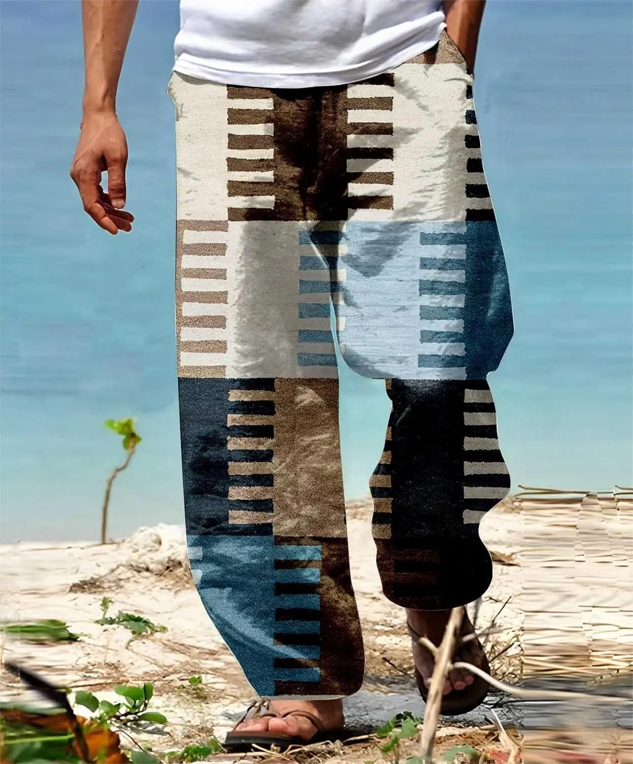 Mens Summer Cotton Linen Casual Pants Loose Fit Straight Leg Trend Printed Trousers Elastic Waist Drawstring Beach Yoga Pants
