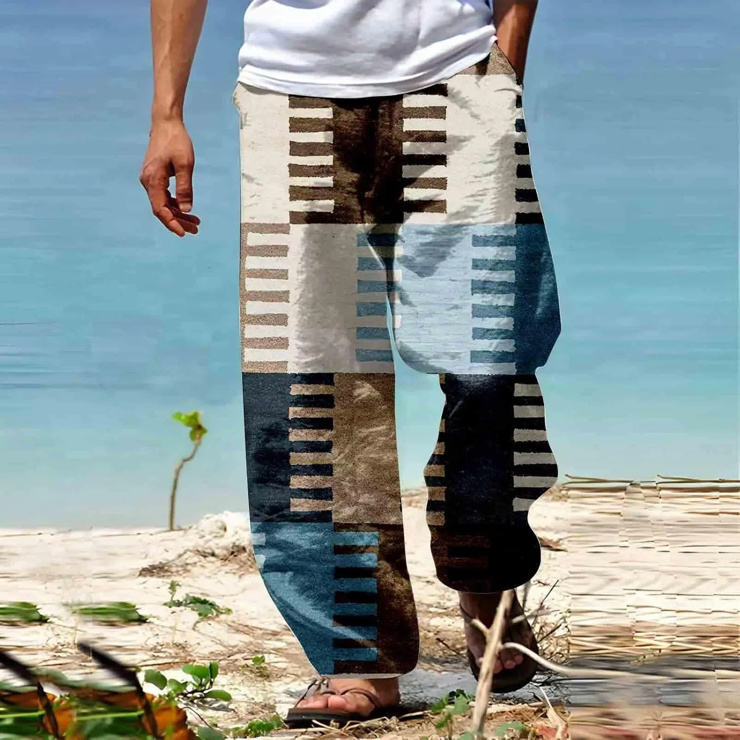 Mens Summer Cotton Linen Casual Pants Loose Fit Straight Leg Trend Printed Trousers Elastic Waist Drawstring Beach Yoga Pants