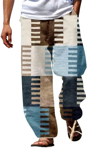 Mens Summer Cotton Linen Casual Pants Loose Fit Straight Leg Trend Printed Trousers Elastic Waist Drawstring Beach Yoga Pants