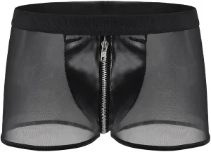 Mens Underwear Underwear Medium Waist Fine Mesh Imitation Leather Zipper Flat Corner Pants Mens Sports Underwear
