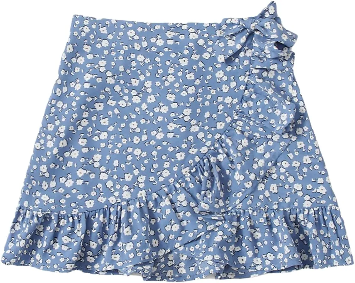 Milumia Girl's Boho Floral Print Ruffle Hem Skirt Wrap Knot Side Short Mini Skirts