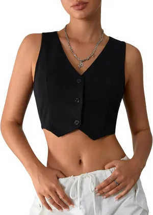 Milumia Women's Button Up Suit Vest Shirt Waistcoat Sleeveless Cropped Blazer Vest Tops