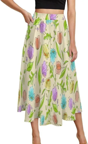 Modern Sweet Florals Print Midi Skirts High Elastic Waist Pleated Bohemia Going Out Skirt