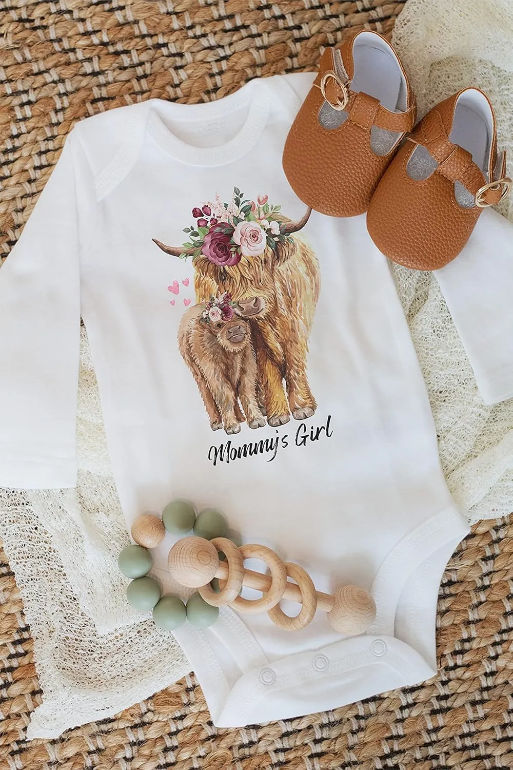 Mommy's Girl Bodysuit or T-Shirt, Country Boho Baby Girl Clothes, Floral Cow Girl, Mom and Baby Gift, Farm Animals Baby Shower, Cow Baby Bodysuit (2T Short Sleeve T-Shirt)