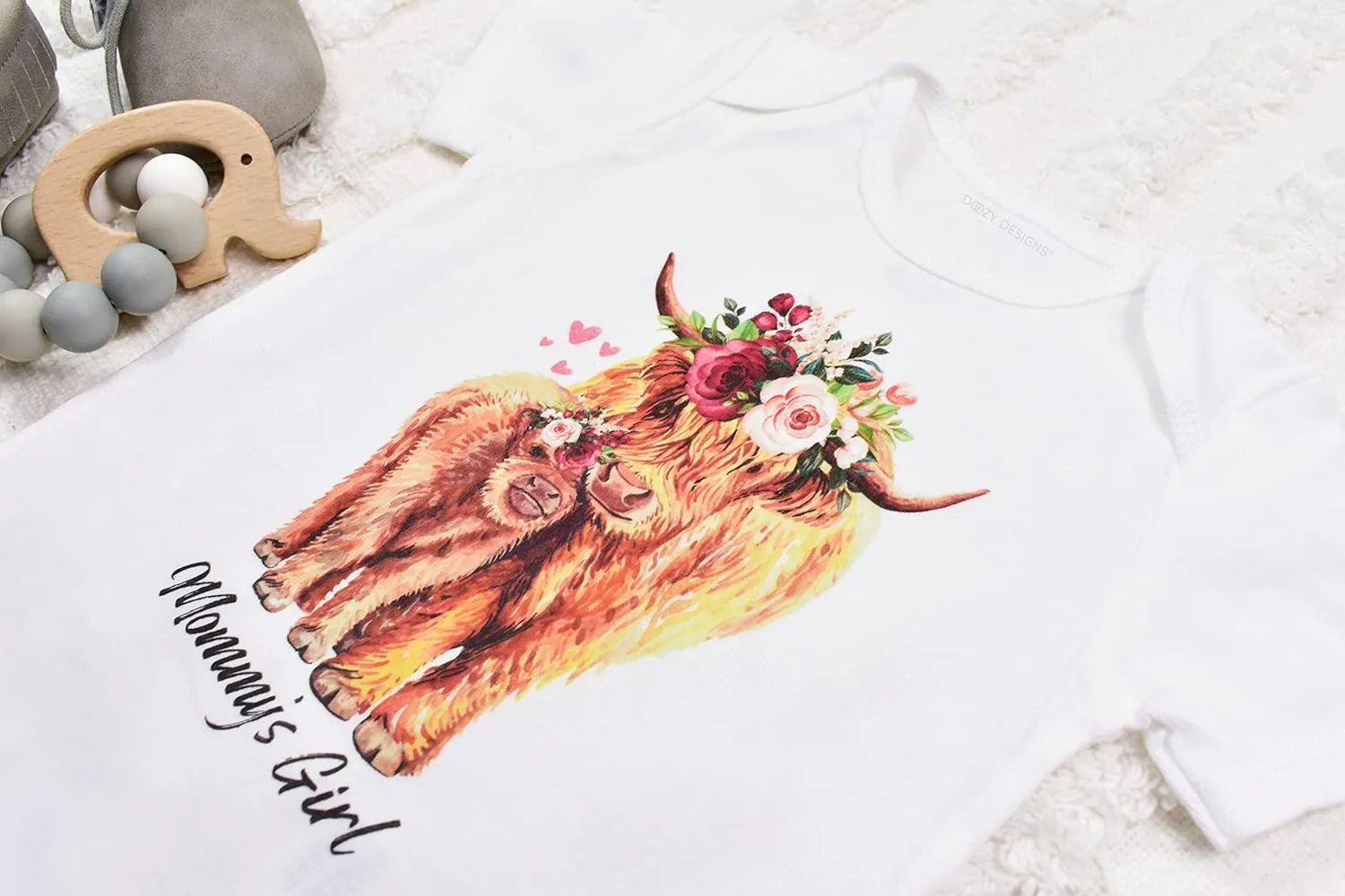 Mommy's Girl Bodysuit or T-Shirt, Country Boho Baby Girl Clothes, Floral Cow Girl, Mom and Baby Gift, Farm Animals Baby Shower, Cow Baby Bodysuit (2T Short Sleeve T-Shirt)