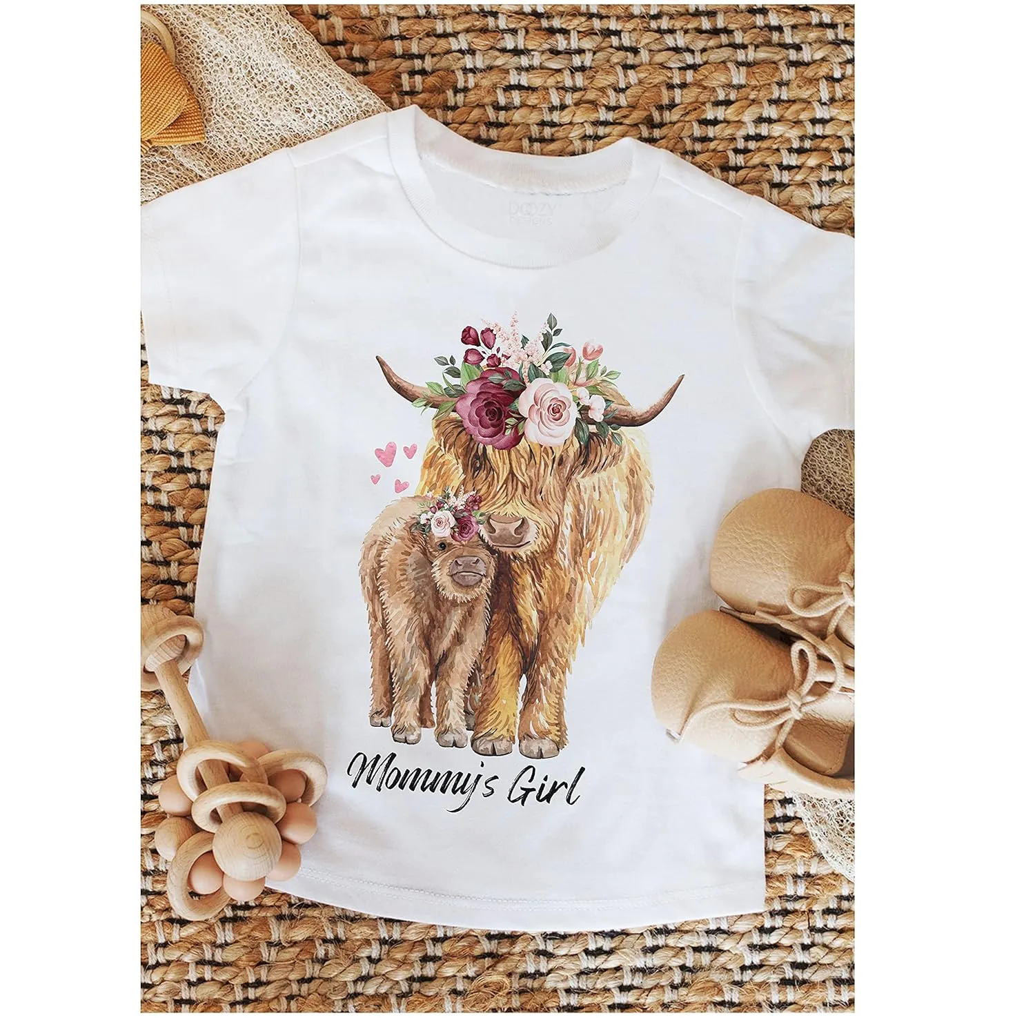 Mommy's Girl Bodysuit or T-Shirt, Country Boho Baby Girl Clothes, Floral Cow Girl, Mom and Baby Gift, Farm Animals Baby Shower, Cow Baby Bodysuit (2T Short Sleeve T-Shirt)