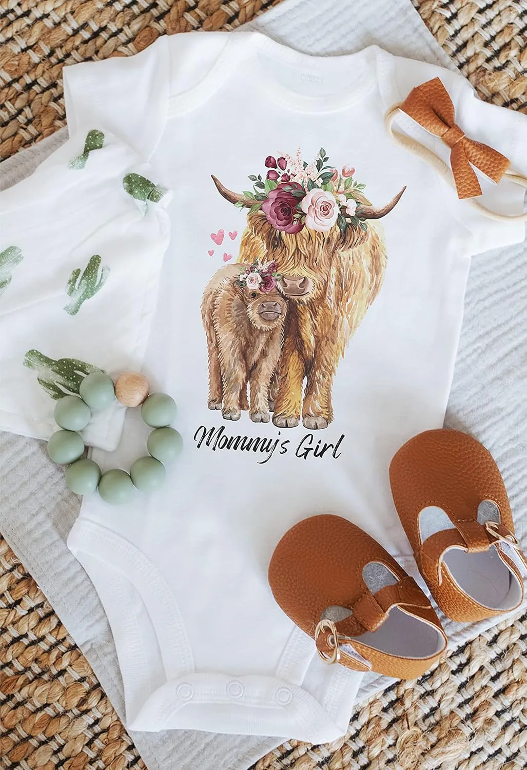 Mommy's Girl Bodysuit or T-Shirt, Country Boho Baby Girl Clothes, Floral Cow Girl, Mom and Baby Gift, Farm Animals Baby Shower, Cow Baby Bodysuit (2T Short Sleeve T-Shirt)