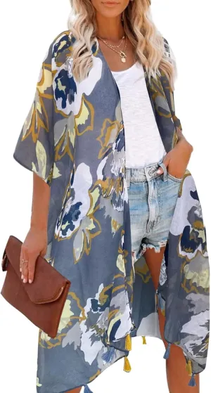 Moss Rose Women's Beach Cover up Swimsuit Kimono Cardigan with Bohemian Floral Print