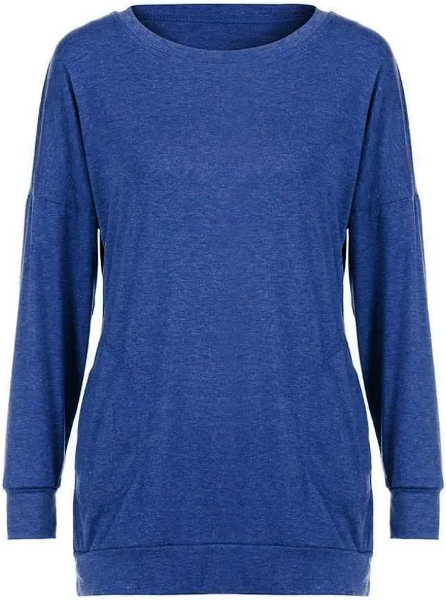 Muyise Womens Casual Long Sleeve Tunic Tops Solid Color Crew Neck Comfy Pullover Sweatshirts Loose Fit Blouses with Pockets
