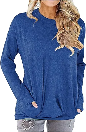 Muyise Womens Casual Long Sleeve Tunic Tops Solid Color Crew Neck Comfy Pullover Sweatshirts Loose Fit Blouses with Pockets