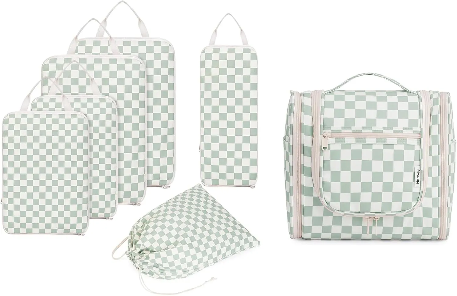Narwey Checked Hanging Travel Toiletry Bag with 6 Set Compression Packing Cubes