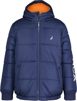 Nautica Boys' Heavy Weight Hooded Bubble Jacket with Polar Fleece Lining