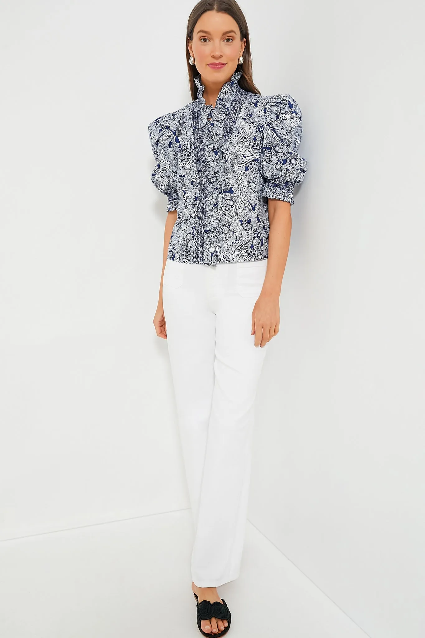 Navy Geo Floral Ruffle Neck Aria Blouse