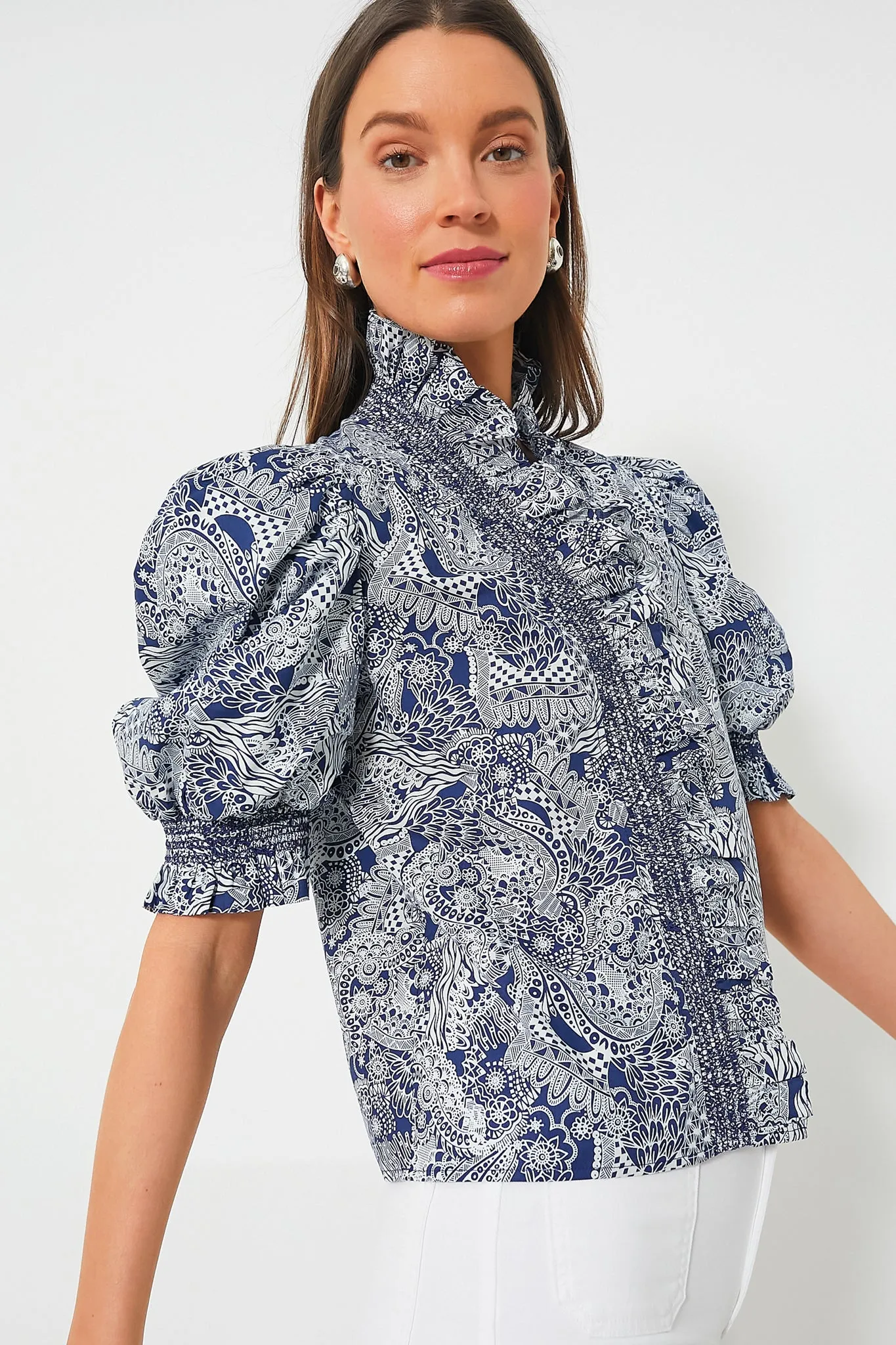 Navy Geo Floral Ruffle Neck Aria Blouse