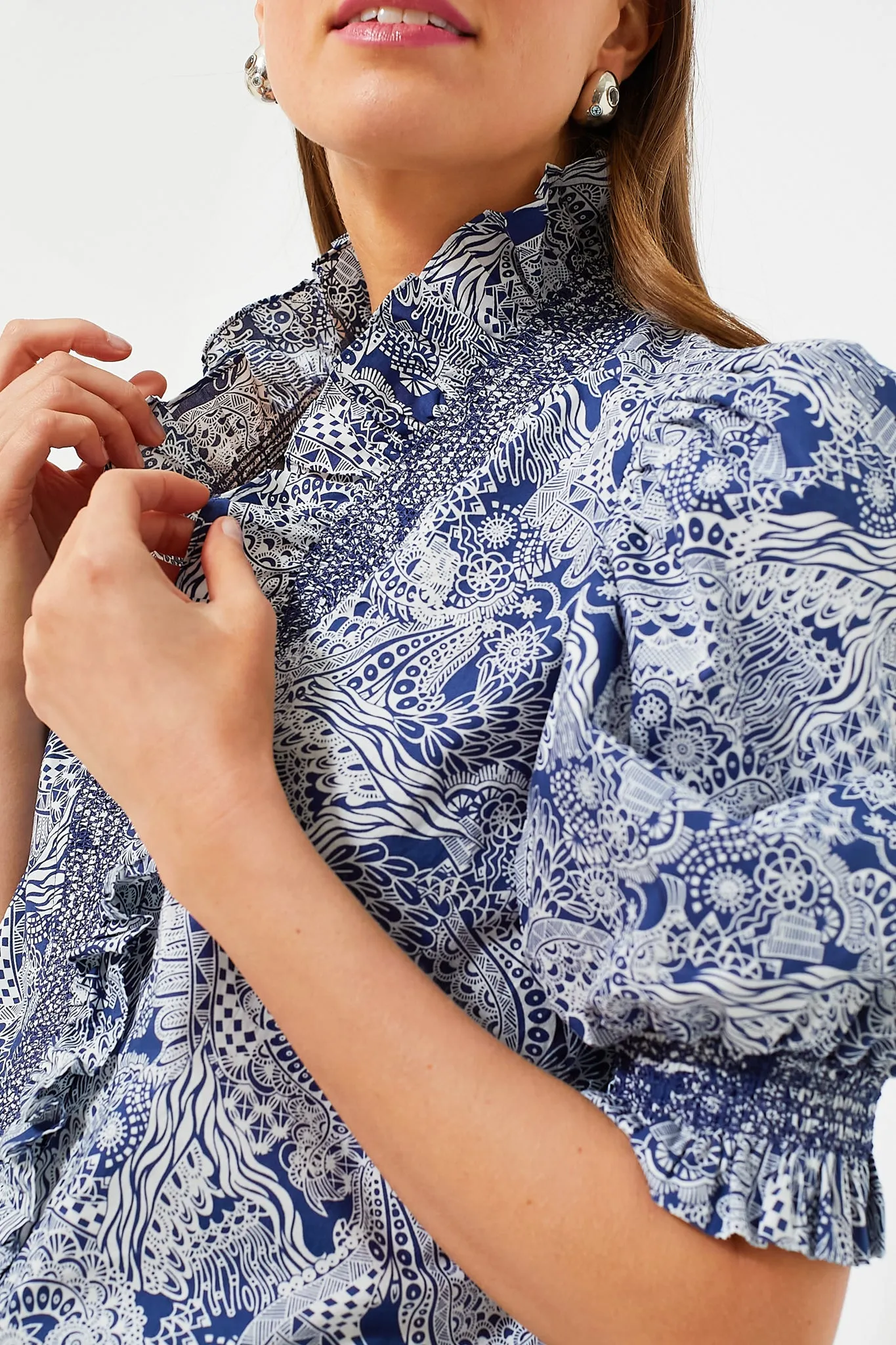 Navy Geo Floral Ruffle Neck Aria Blouse