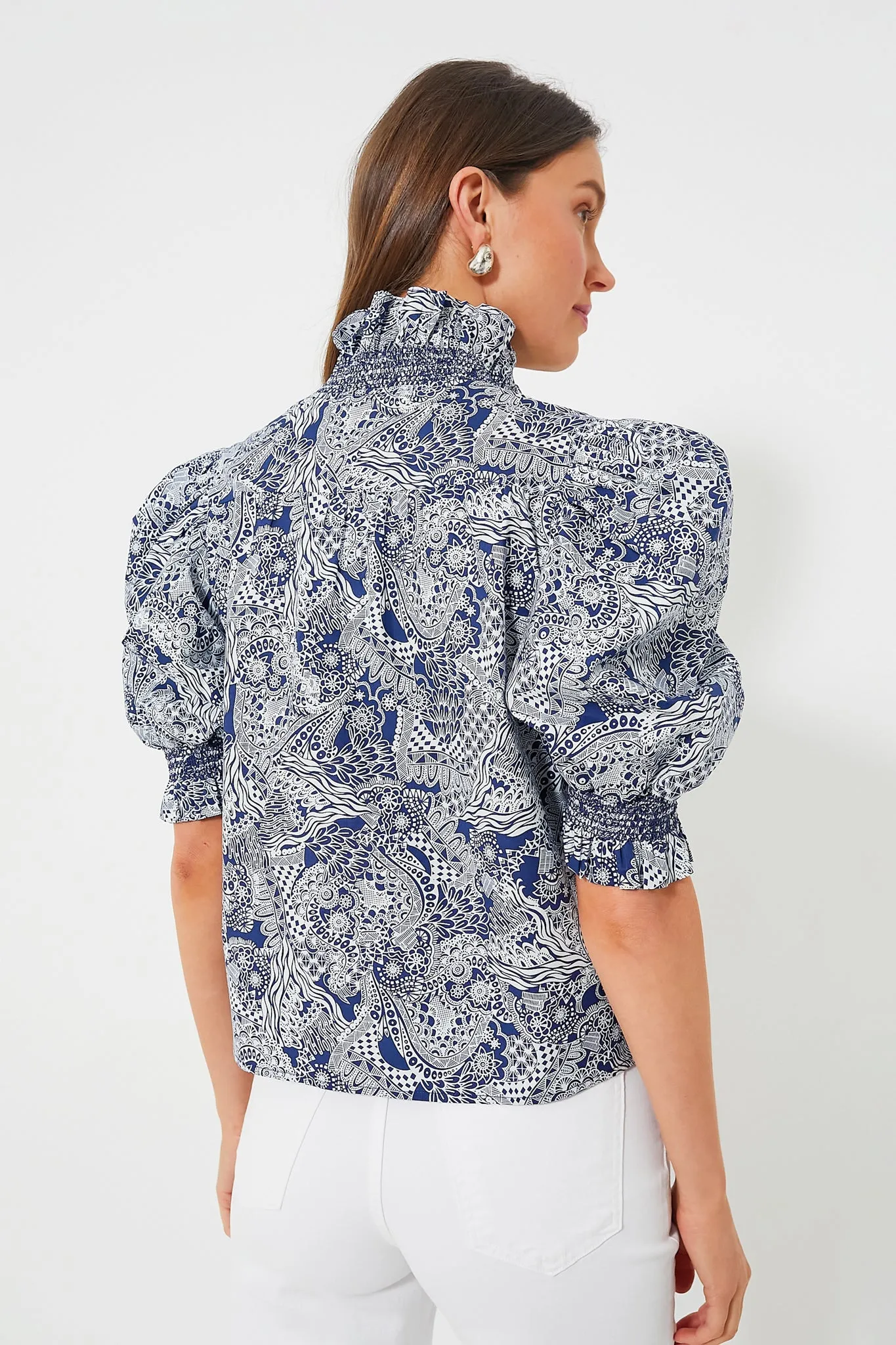 Navy Geo Floral Ruffle Neck Aria Blouse
