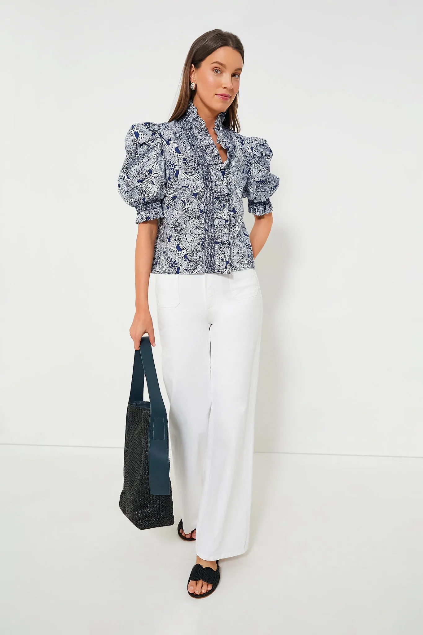 Navy Geo Floral Ruffle Neck Aria Blouse
