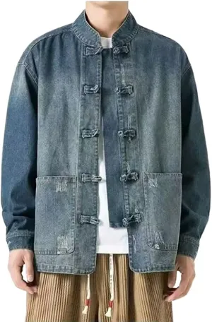 NCDUANSAN New Chinese style button up men's denim jacket, niche long sleeved jacket, casual and fashionable design hip-hop