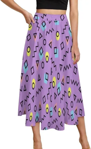 Novelty Purple Geometric Printed Midi Skirts High Elastic Waist Ruffling Swing Spring Skirt