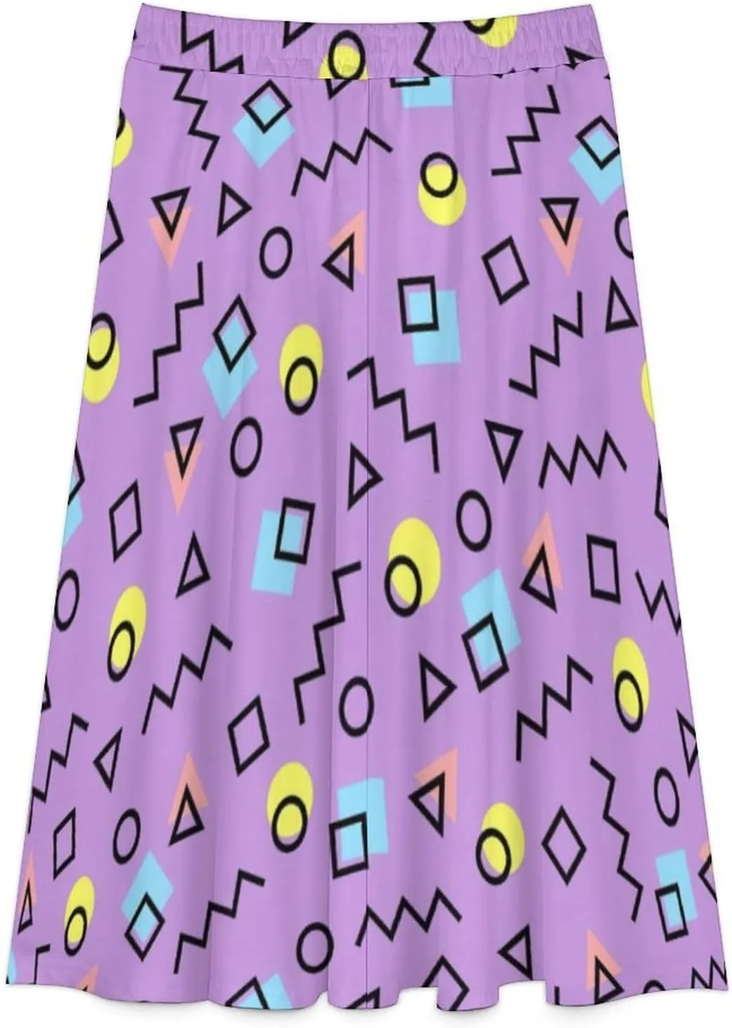 Novelty Purple Geometric Printed Midi Skirts High Elastic Waist Ruffling Swing Spring Skirt
