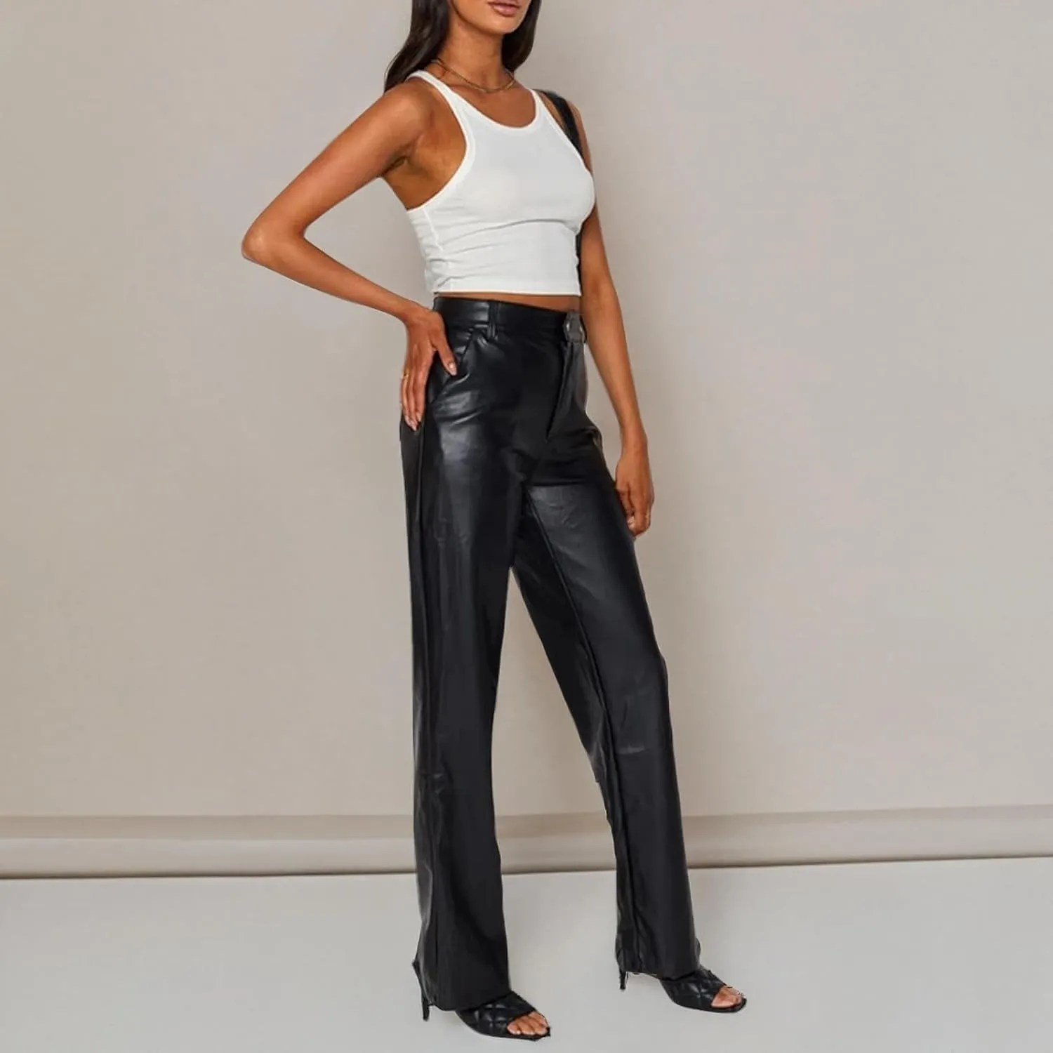 NUFIWI Women's Faux Leather Pants High Waist Straight Wide Leg PU Legging Casual Solid Color Trousers with Pockets
