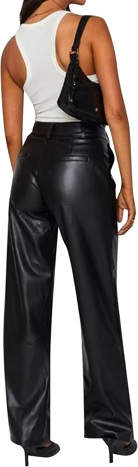 NUFIWI Women's Faux Leather Pants High Waist Straight Wide Leg PU Legging Casual Solid Color Trousers with Pockets