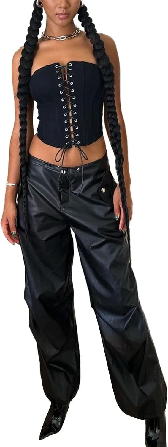 NUFIWI Women's Faux Leather Pants High Waist Straight Wide Leg PU Legging Casual Solid Color Trousers with Pockets