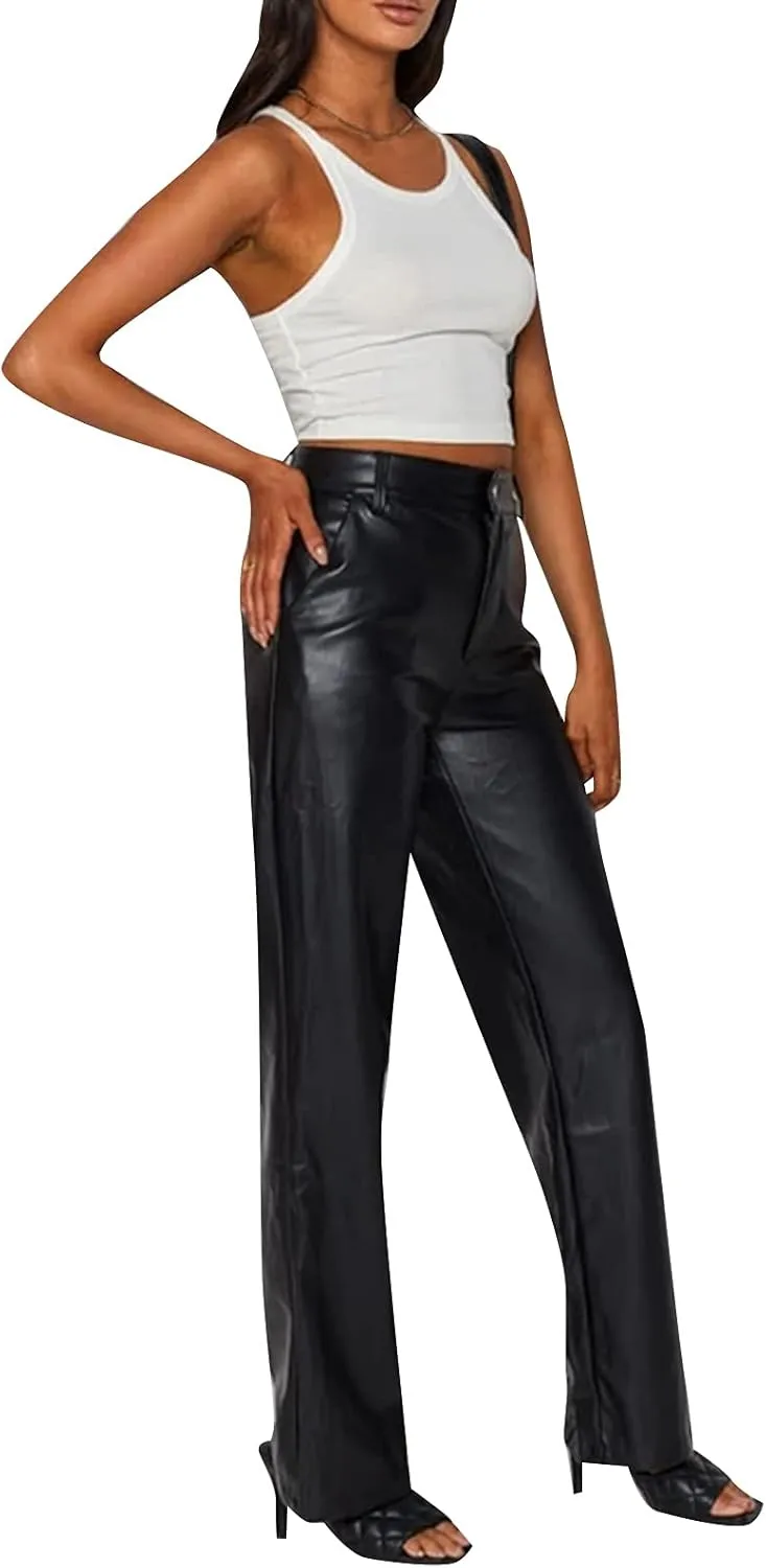 NUFIWI Women's Faux Leather Pants High Waist Straight Wide Leg PU Legging Casual Solid Color Trousers with Pockets
