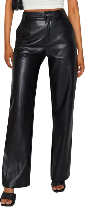 NUFIWI Women's Faux Leather Pants High Waist Straight Wide Leg PU Legging Casual Solid Color Trousers with Pockets